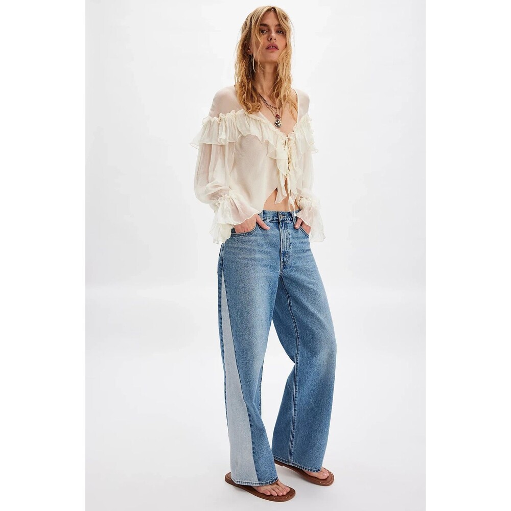 Levis Premium Women Baggy Dad Pieced Denim Jeans Blue Wide Leg Loose Relaxed New